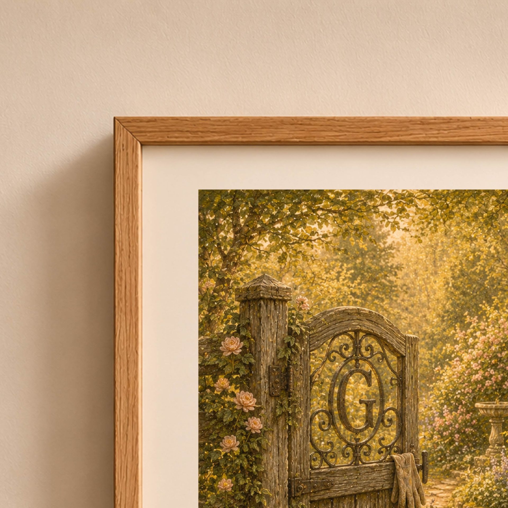Letter G Monogram Woodland Wall Art Vintage Forest Initial Print 6 Close up shot of Letter G Monogram Woodland Wall Art showing the ornate iron gate and painted oil details.