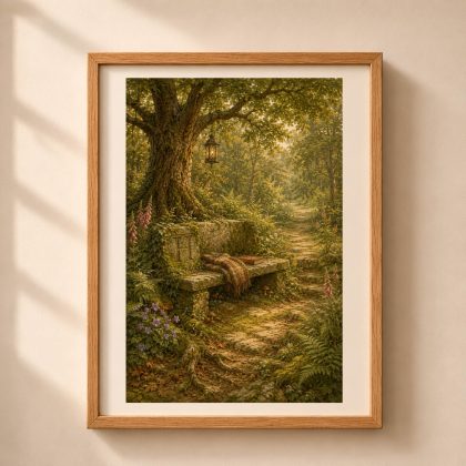 Letter H Monogram Woodland Wall Art in a light oak frame showing a forest stone bench engraved with H under an oak tree.