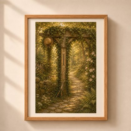 Letter I Monogram Woodland Wall Art in a light oak frame displaying an ivy-covered arbor with letter I carved into the timber post.