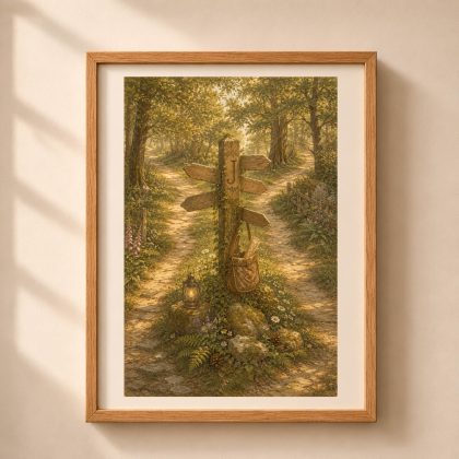 Letter J Monogram Woodland Wall Art framed in a light wood frame featuring a sunlit forest signpost surrounded by ferns and foxgloves.