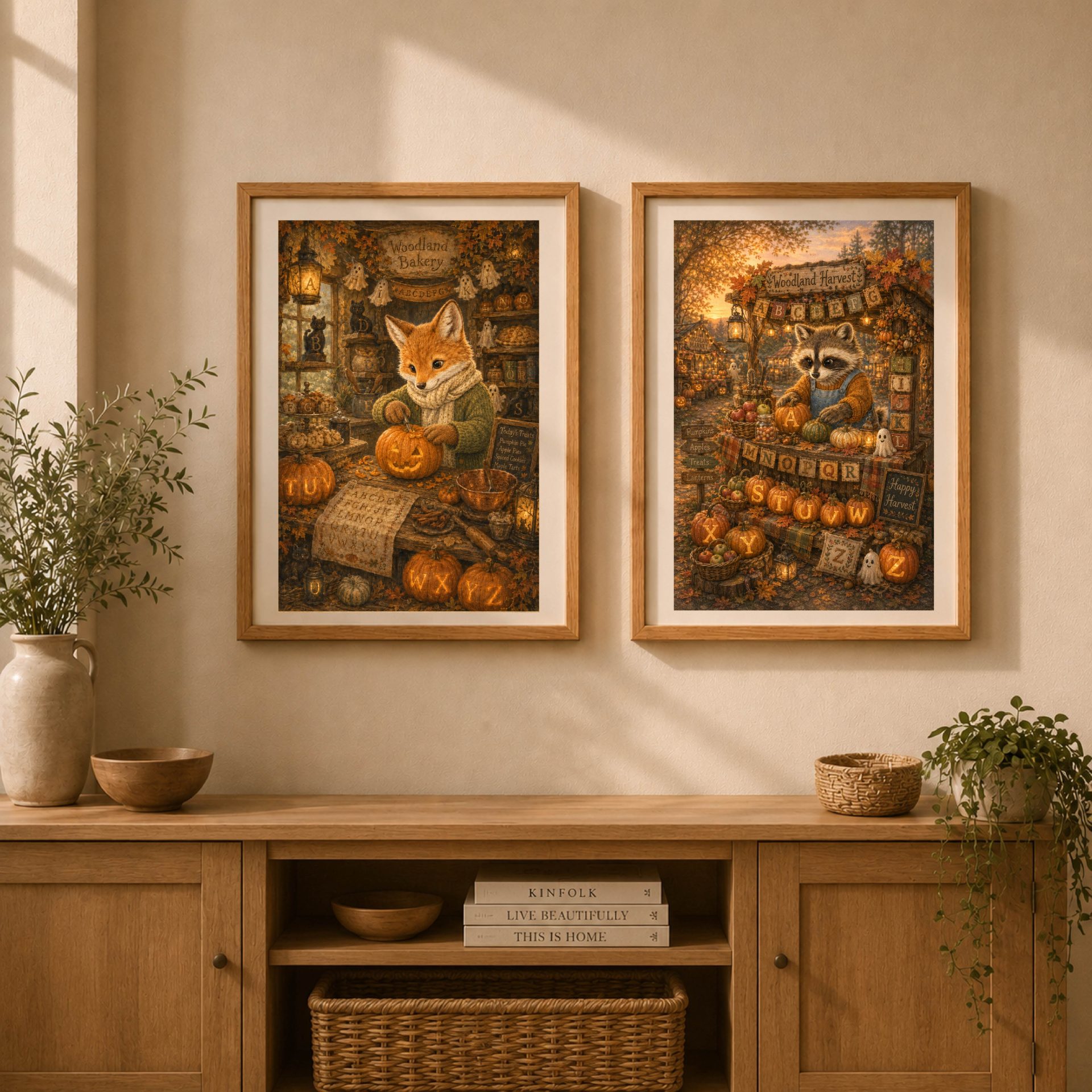 Fox Woodland Alphabet Poster Seek Find ABC Halloween Decor 8 Two framed Quiet Woodland Halloween alphabet posters featuring the Fox baker and Raccoon market vendor side by side above a wooden console table.