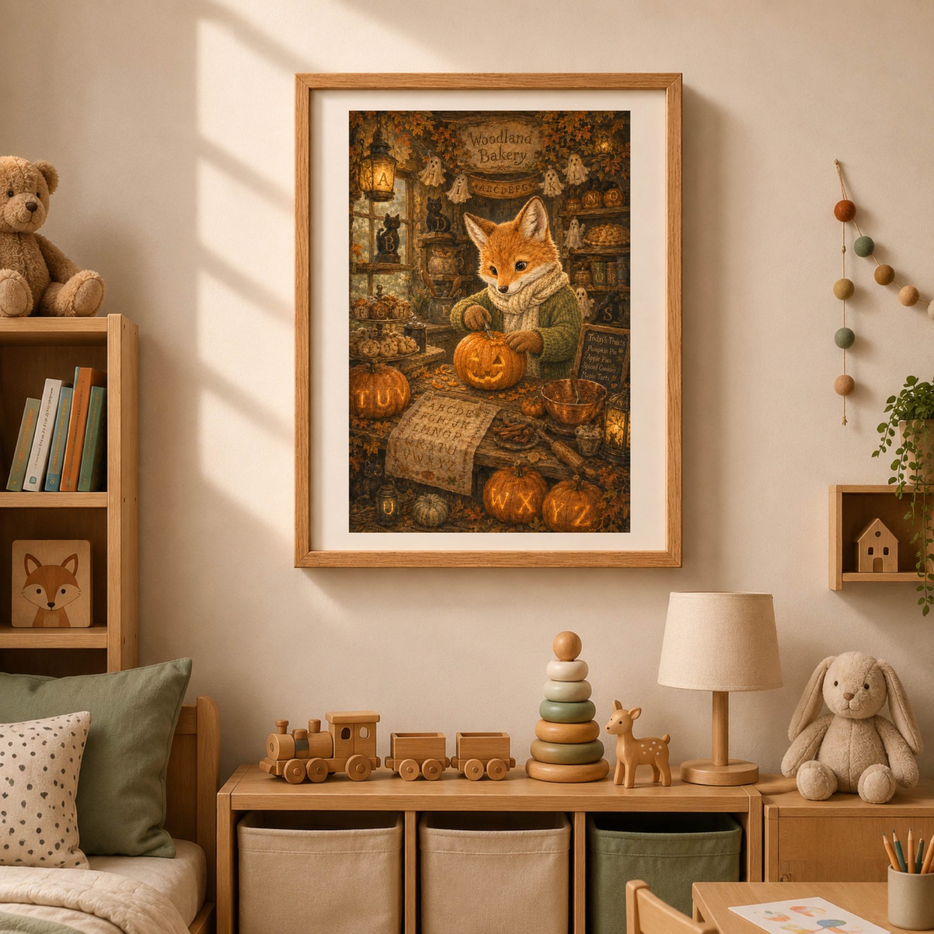Fox Woodland Alphabet Poster Seek Find ABC Halloween Decor 4 Framed Fox Halloween Bakery alphabet poster hanging in a cozy child nursery above wooden storage units, toy train, and stuffed animals.