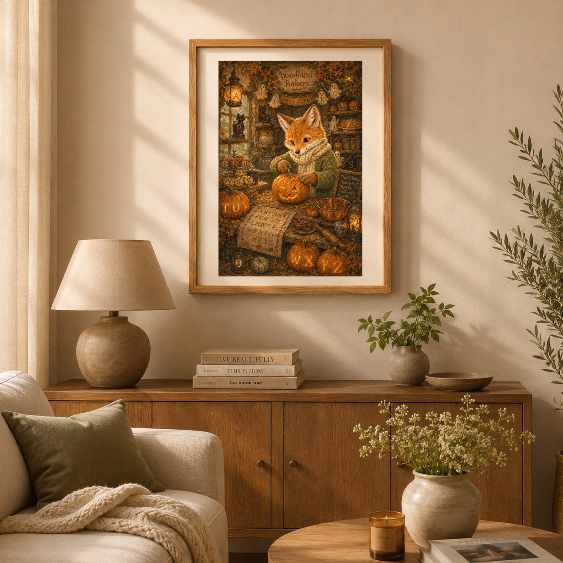 Fox Woodland Alphabet Poster Seek Find ABC Halloween Decor 2 Framed Fox Halloween Bakery alphabet poster hanging above a wooden sideboard in a cozy living room next to a table lamp and greenery.
