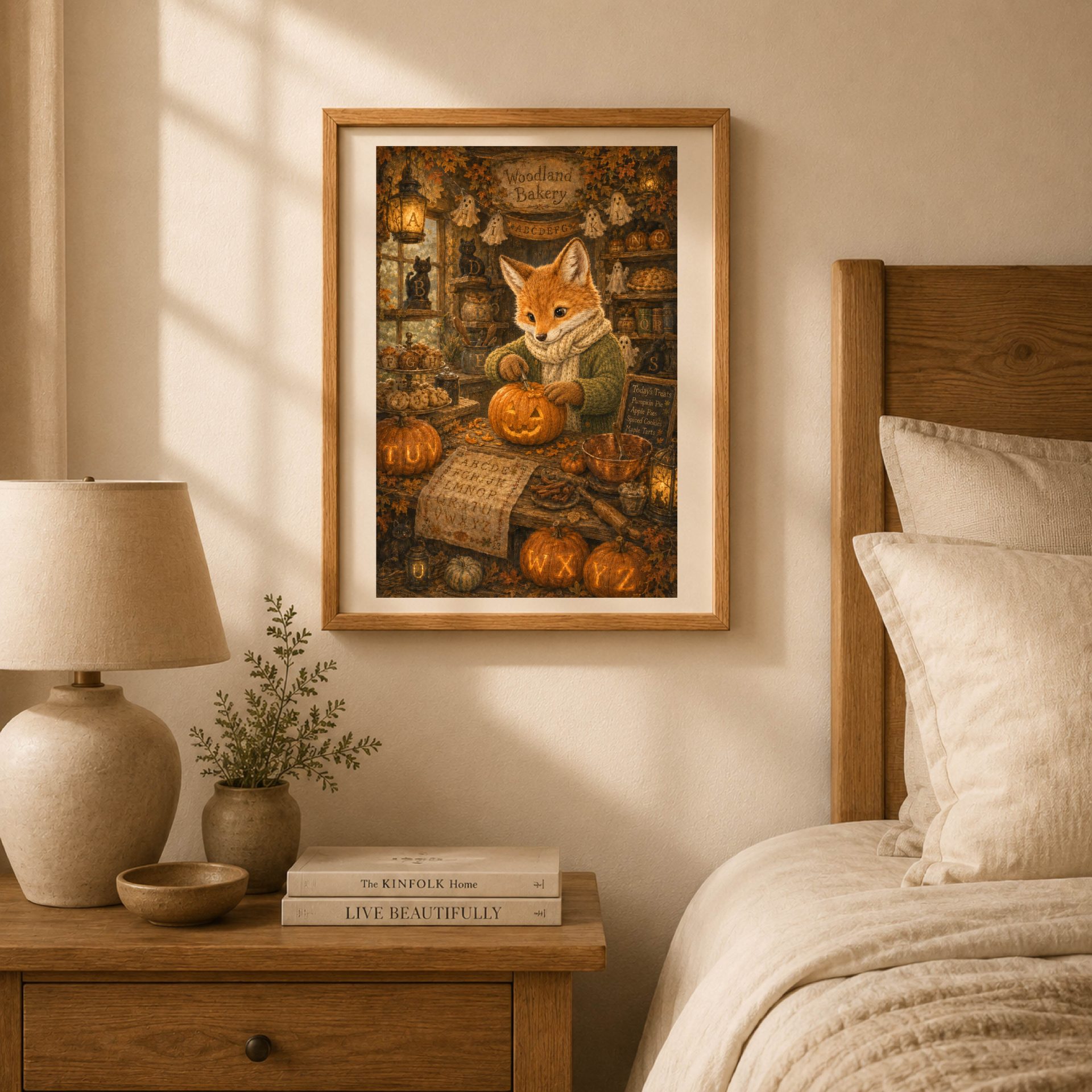 Fox Woodland Alphabet Poster Seek Find ABC Halloween Decor 3 Framed Fox Halloween Bakery ABC print hanging above a wooden bedside nightstand next to a ceramic lamp and cozy bedding.