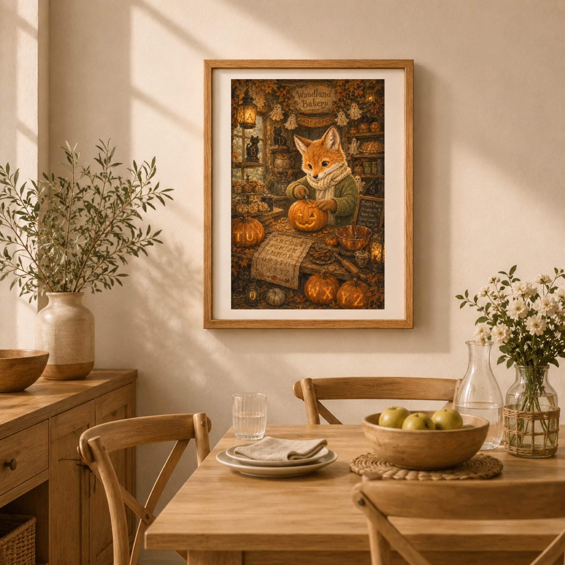 Fox Woodland Alphabet Poster Seek Find ABC Halloween Decor 5 Framed Fox Halloween Bakery ABC print in a light oak frame hanging above a wooden dining table set with white dishes and fresh flowers.