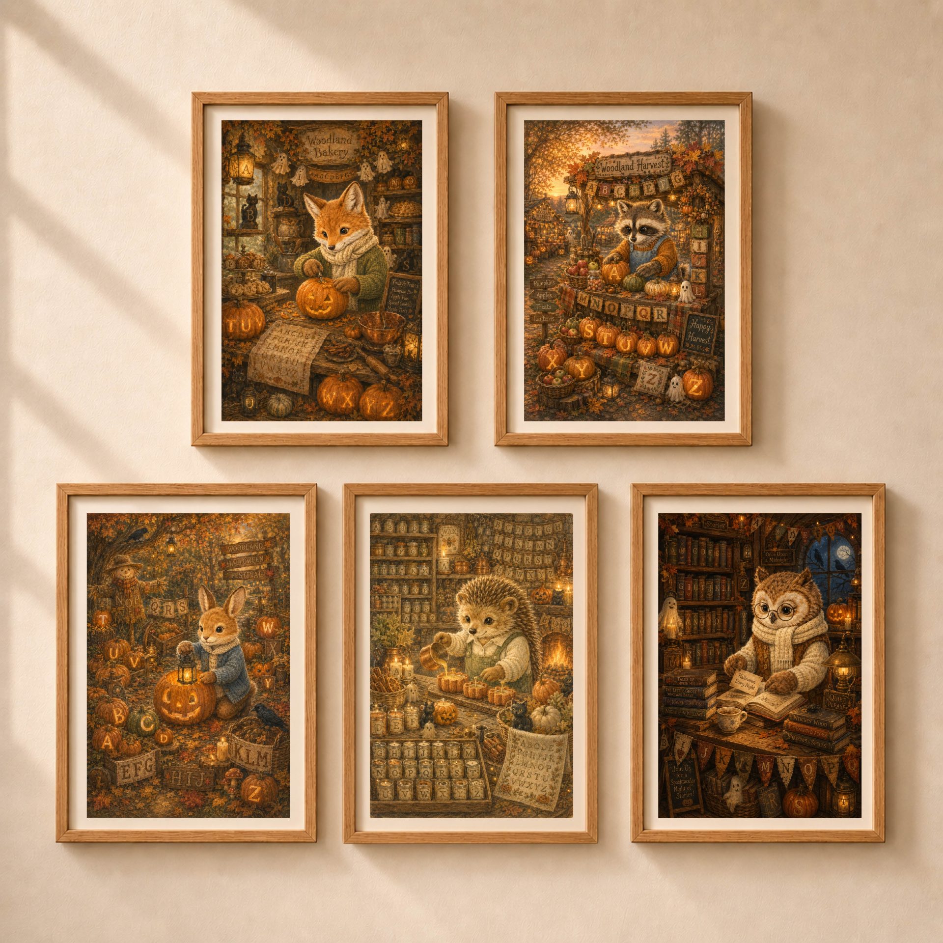 Fox Woodland Alphabet Poster Seek Find ABC Halloween Decor 9 Five framed storybook alphabet posters featuring Fox, Raccoon, Rabbit, Hedgehog, and Owl displayed together on a beige gallery wall.