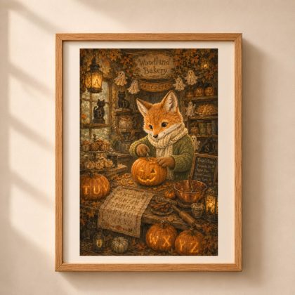 Framed Quiet Woodland Halloween alphabet poster featuring Fox carving jack-o-lanterns in a cozy bakery with hidden letters A to Z.