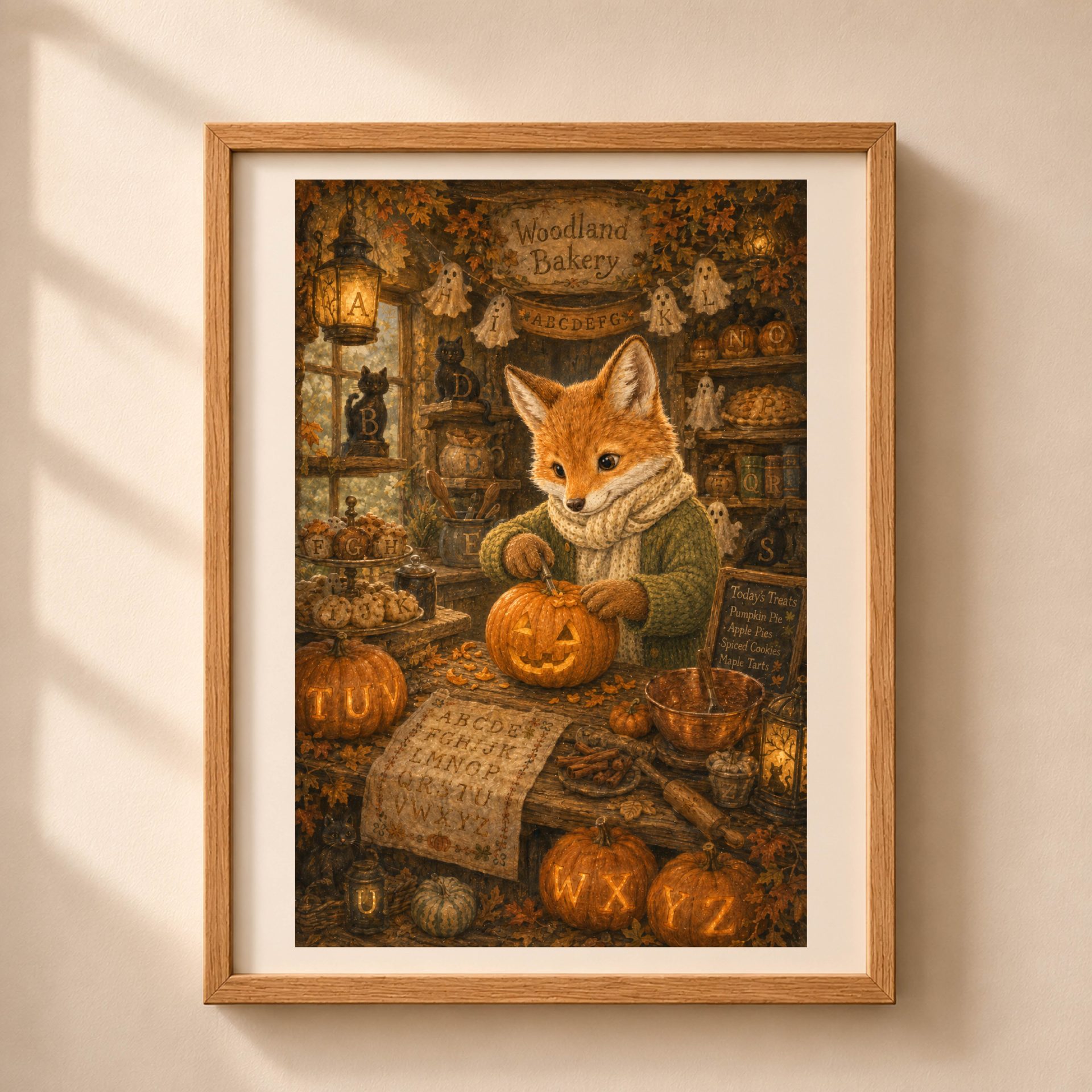 Fox Woodland Alphabet Poster Seek Find ABC Halloween Decor 1 Framed Quiet Woodland Halloween alphabet poster featuring Fox carving jack-o-lanterns in a cozy bakery with hidden letters A to Z.