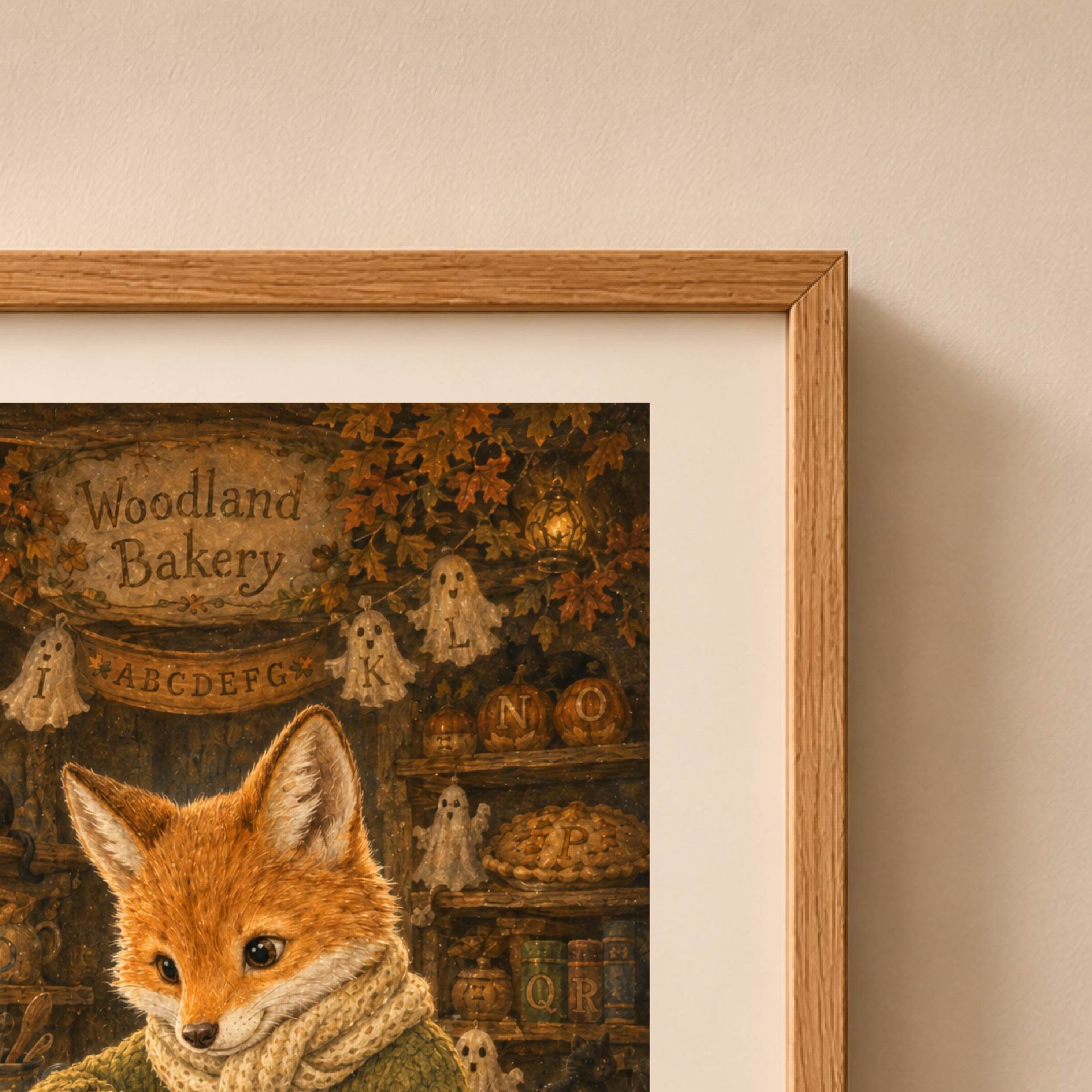 Fox Woodland Alphabet Poster Seek Find ABC Halloween Decor 6 Close-up detail view of the Fox Bakery artwork showing light oak frame corner, fabric ghost garlands, and hidden letters on bakery shelves.