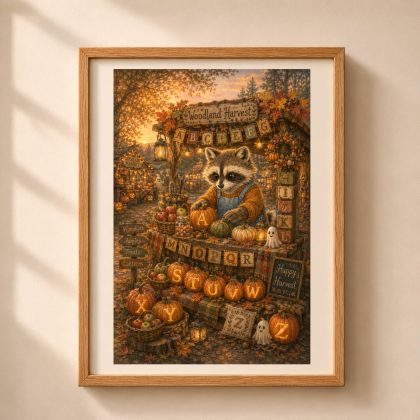 Framed Quiet Woodland Halloween alphabet poster featuring Raccoon at a harvest market stall with carved pumpkins and hidden letters A to Z.