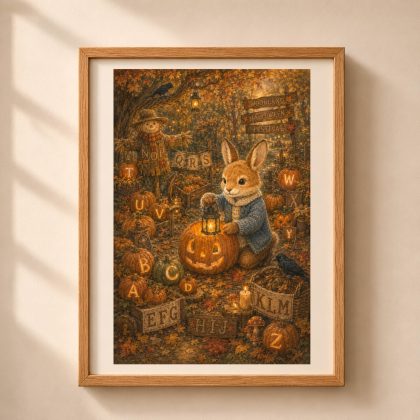 Framed Quiet Woodland Halloween alphabet poster featuring Rabbit pumpkin gardener in an autumn patch with jack-o-lanterns and hidden letters A to Z.