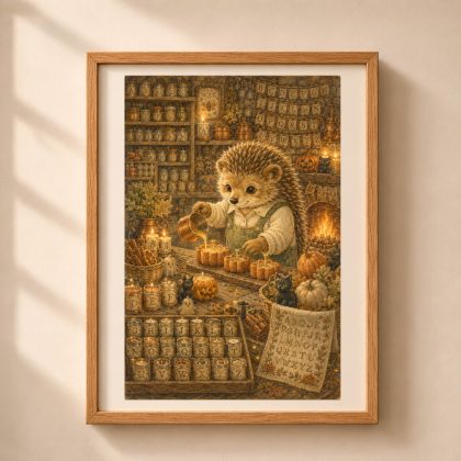 Framed Quiet Woodland Halloween alphabet poster featuring Hedgehog candle maker in a cozy workshop with glowing candles, pumpkins, and hidden letters A to Z.