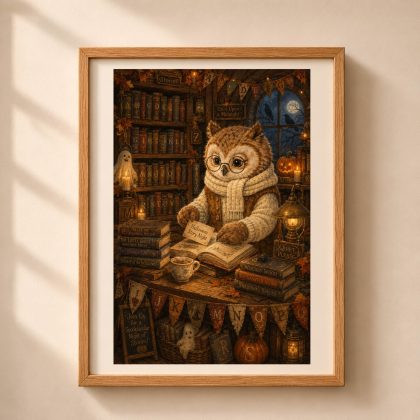 Framed Quiet Woodland Halloween alphabet poster featuring Owl story librarian in a cozy library with glowing lanterns, bookshelves, and hidden letters A to Z.