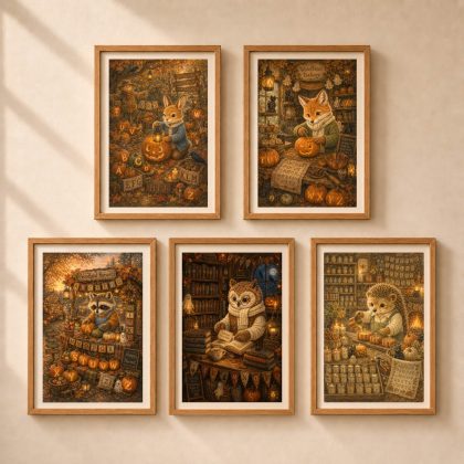Five framed Quiet Woodland Halloween alphabet posters featuring Fox, Raccoon, Rabbit, Hedgehog, and Owl displayed together on a warm beige gallery wall.