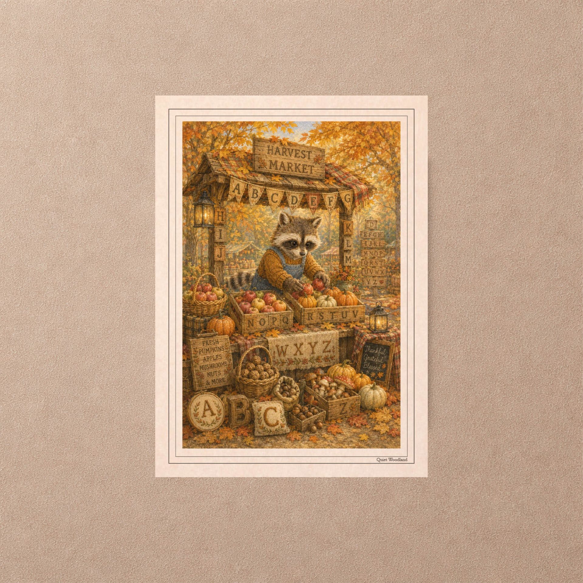 Printable Woodland Postcard Set Cards Autumn Forest Seek Find ABC 3 Close-up view of a 10x14 cm printable postcard showing a raccoon organizing pumpkins and apples at an autumn market with hidden ABC letters.