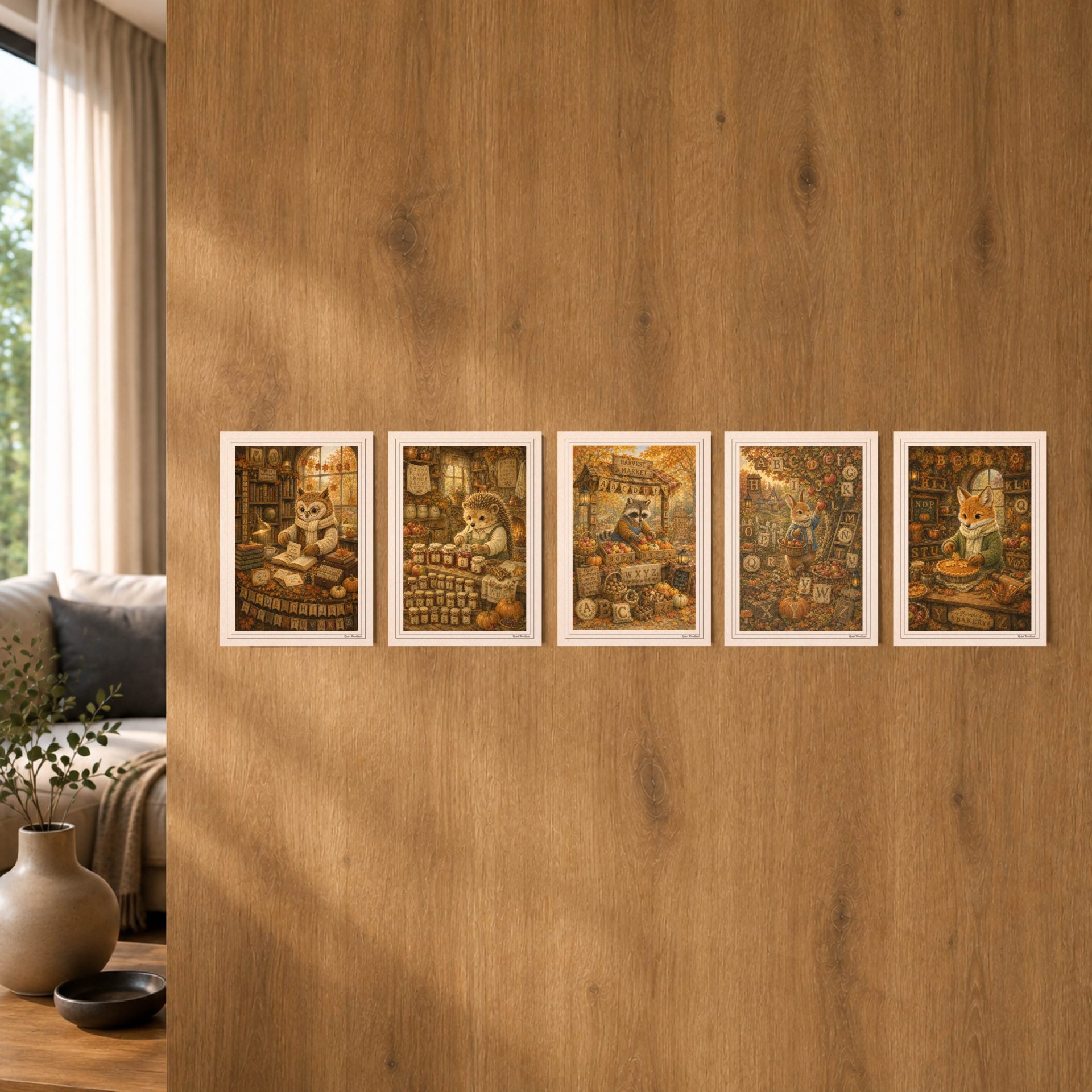 Printable Woodland Postcard Set Cards Autumn Forest Seek Find ABC 4 Five framed 10x14 cm woodland animal alphabet postcards arranged in a row on a warm wooden wall in a modern cozy room interior.