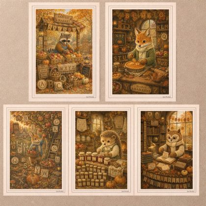 Overview layout of 5 printable woodland 10x14 cm postcards featuring autumn forest animal scenes with hidden ABC alphabets on a neutral background.