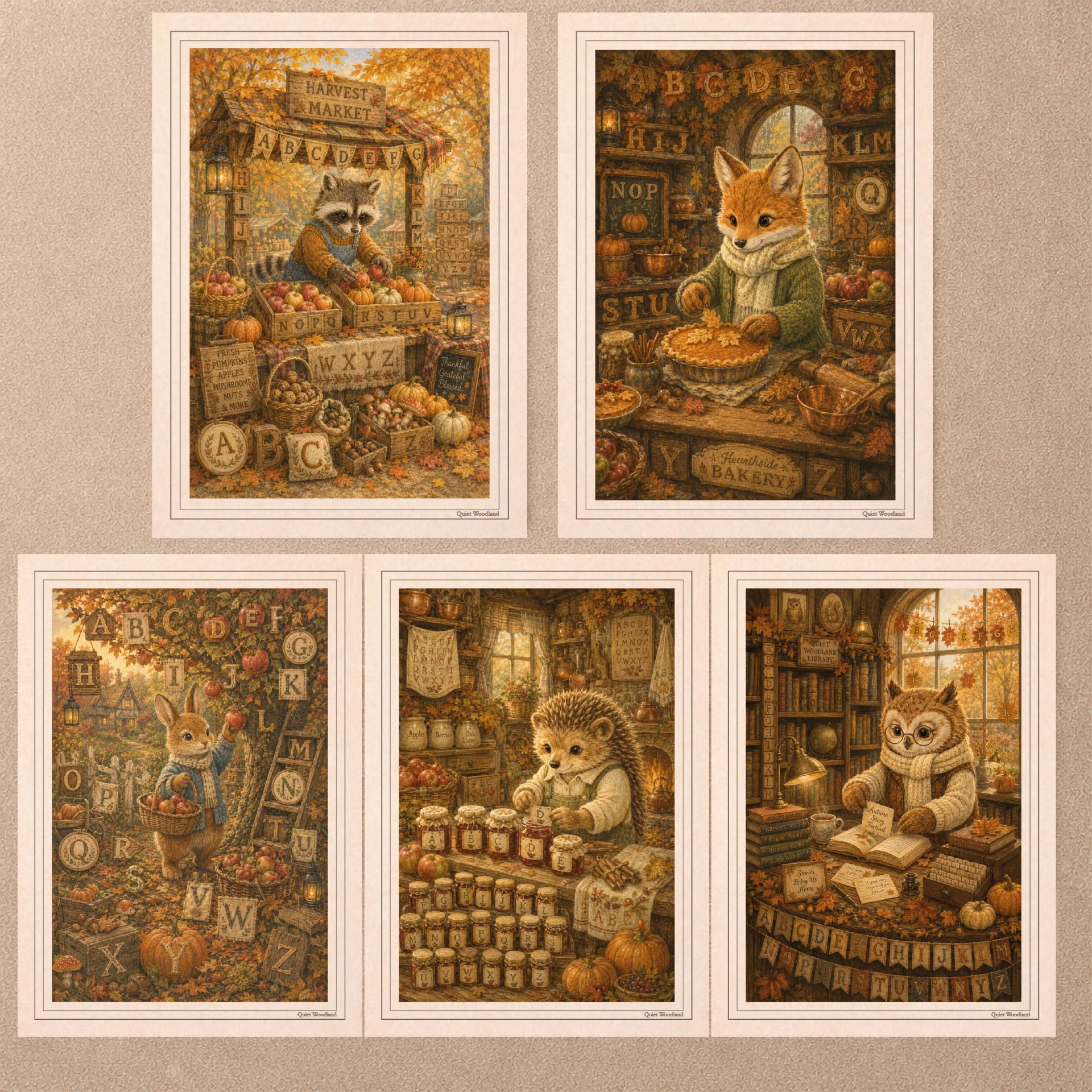 Printable Woodland Postcard Set Cards Autumn Forest Seek Find ABC 1 Overview layout of 5 printable woodland 10x14 cm postcards featuring autumn forest animal scenes with hidden ABC alphabets on a neutral background.