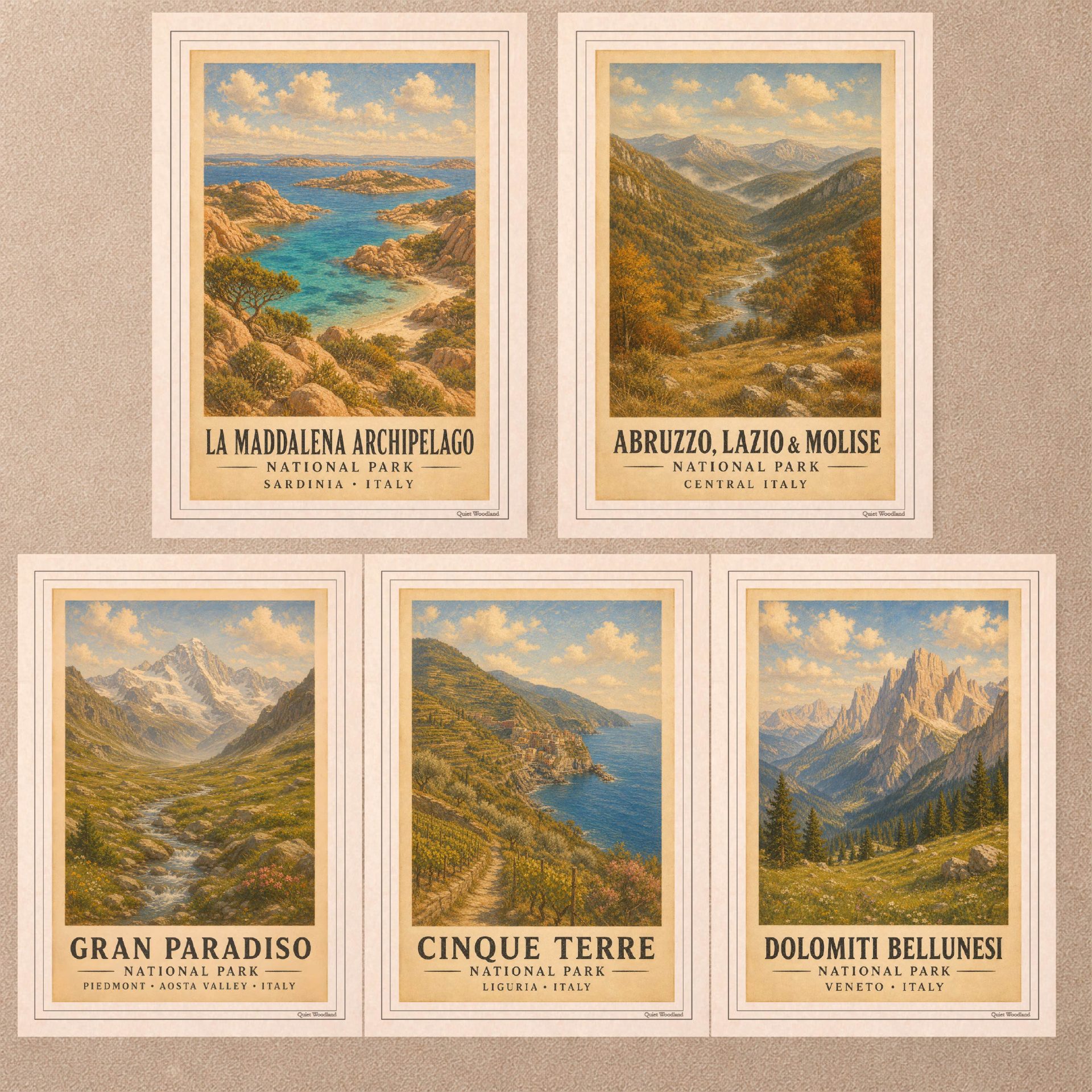 Italy National Parks Postcard Set Vintage Printable Art 1 Complete set of 5 printable 10x14 cm vintage Italian National Park postcards including Cinque Terre, Dolomites, and Gran Paradiso on a textured background.