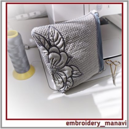 ITH Zipper Pouch Cosmetic Bag machine embroidery design by Embroidery Manavi 05 Geometry of Nature Magnolia quilted pouch 8x8 hoop 2 hoopings PDF guide Download