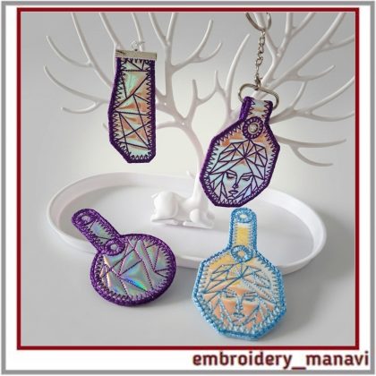 ITH Key Fob Keychain Charm machine embroidery design set by Embroidery Manavi 05 Zodiac Virgo geometric series 3 options 1 hooping video guide Instant Download