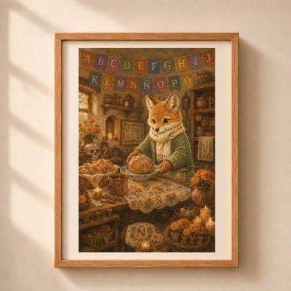 Framed Día de Muertos Fox alphabet poster showing a storybook fox preparing Pan de Muerto with marigolds, candles, papel picado and hidden Spanish letters including Ñ.
