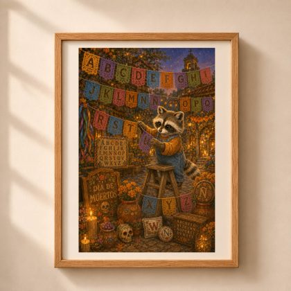 Framed Día de Muertos Raccoon alphabet poster showing a storybook raccoon hanging colorful papel picado banners among marigolds, candles, lanterns and hidden letters.