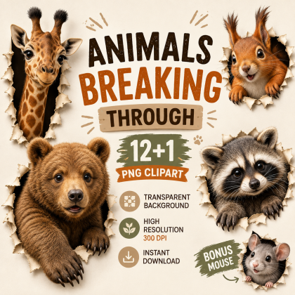 Animals Breaking Through PNG Clipart Bundle | 12+1 Animal PNG