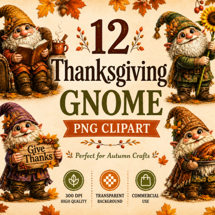 Thanksgiving Gnome PNG Clipart Bundle | 12 Autumn Gnome PNG