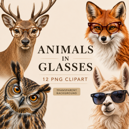 Animals in Glasses PNG Clipart Bundle | 12 Funny Animal PNG