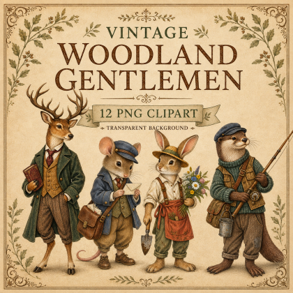 Vintage Woodland Animals PNG Clipart | 12 Gentleman Characters