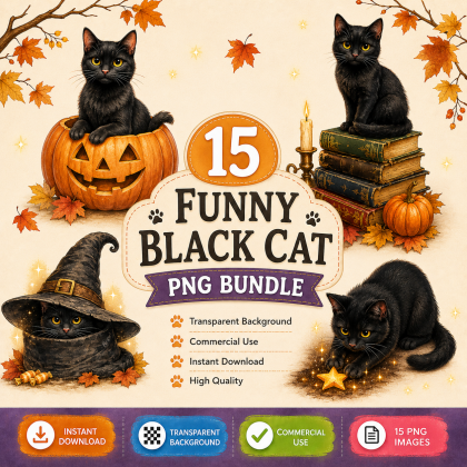 Funny Black Cat PNG Bundle | 15 Halloween Cat Clipart