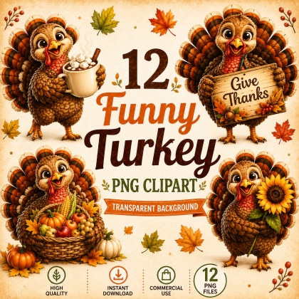 Funny Thanksgiving Turkey PNG Clipart | 12 Cute Turkey Designs