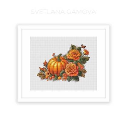 Pumpkin and Orange Roses Cross Stitch Pattern