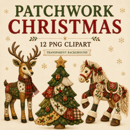 Patchwork Christmas PNG Clipart | 12 Cozy Holiday Designs