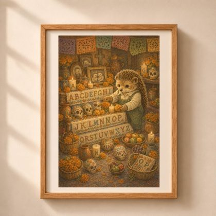 Framed Día de Muertos Hedgehog alphabet poster showing a storybook hedgehog decorating an ofrenda with marigolds, candles, portraits, sugar skulls and hidden letters.