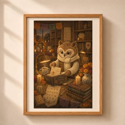 Framed Día de Muertos Owl alphabet poster showing a storybook owl preparing a Book of Memories in a candlelit library with hidden letters, books and marigolds.