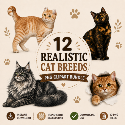 Realistic Cat Breeds PNG Clipart | 12 Cat Designs