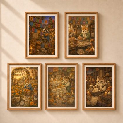 Gallery wall featuring five framed Woodland Día de Muertos alphabet posters with Fox, Raccoon, Rabbit, Hedgehog and Owl in different seek-and-find scenes.