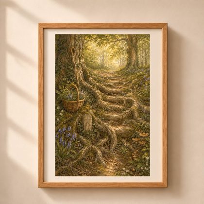 Letter K woodland monogram wall art showing a golden forest trail winding through ancient oak roots, bluebells and moss with the letter K carved into a hidden wooden trail marker.