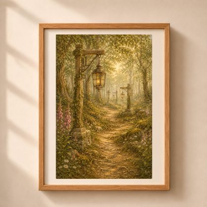 Letter L woodland monogram wall art featuring a golden forest path lined with old lantern posts, foxgloves and moss, with the letter L forged into the wrought iron lantern bracket.