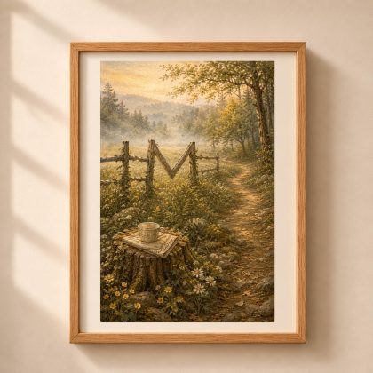 Letter M woodland monogram wall art showing a misty meadow beside a winding forest path, with the uppercase M naturally formed by a weathered split-rail fence.
