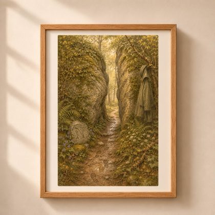 Letter N woodland monogram wall art showing a narrow forest path between two moss-covered boulders, with the uppercase N engraved into a weathered stone beside the trail.