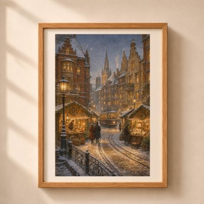 Framed Königsberg Christmas wall art showing a snowy historic street with vintage tram, glowing market stalls, Gothic spire and warm lantern light.