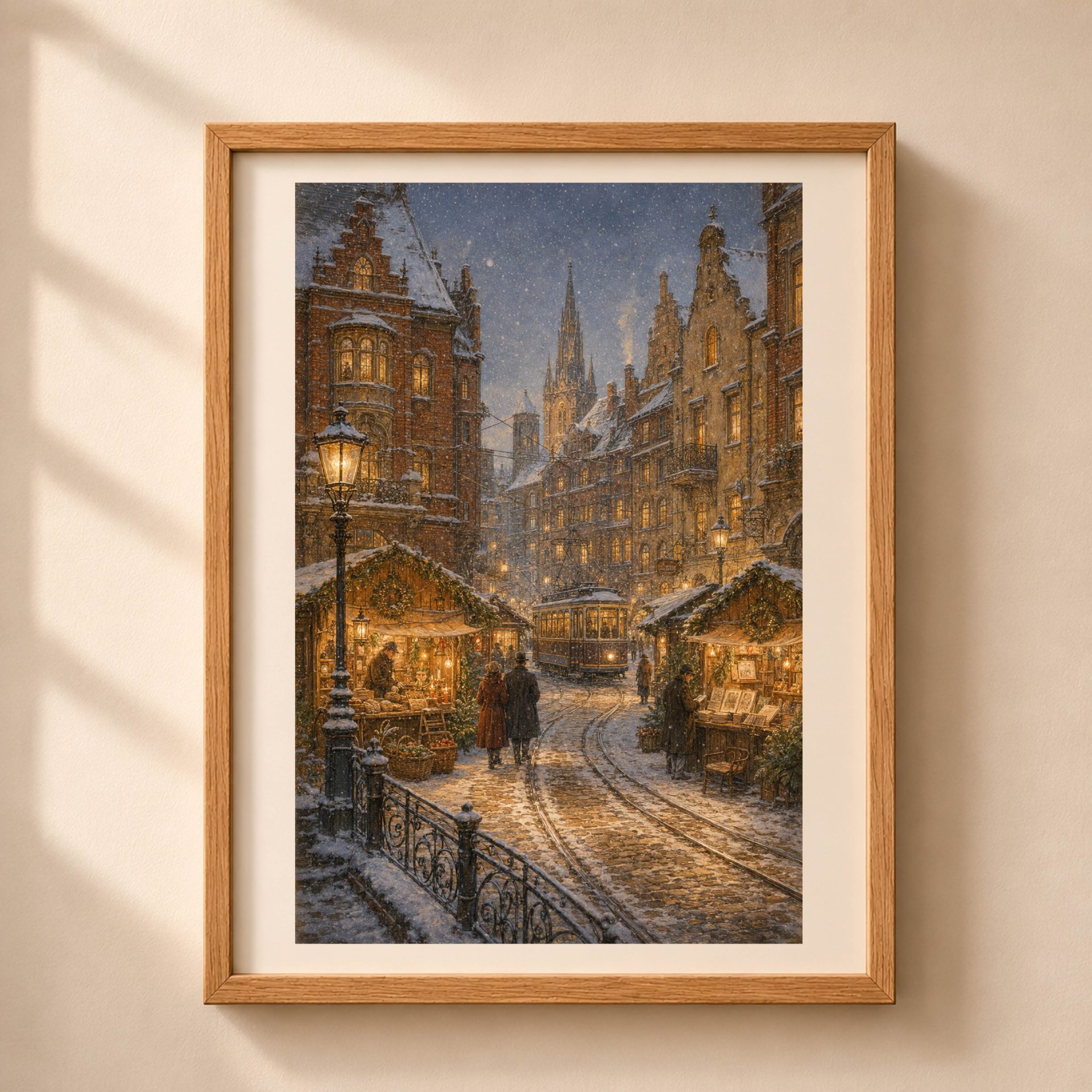 Königsberg Wall Art Printable Christmas Old Town Poster 1 Framed Königsberg Christmas wall art showing a snowy historic street with vintage tram, glowing market stalls, Gothic spire and warm lantern light.