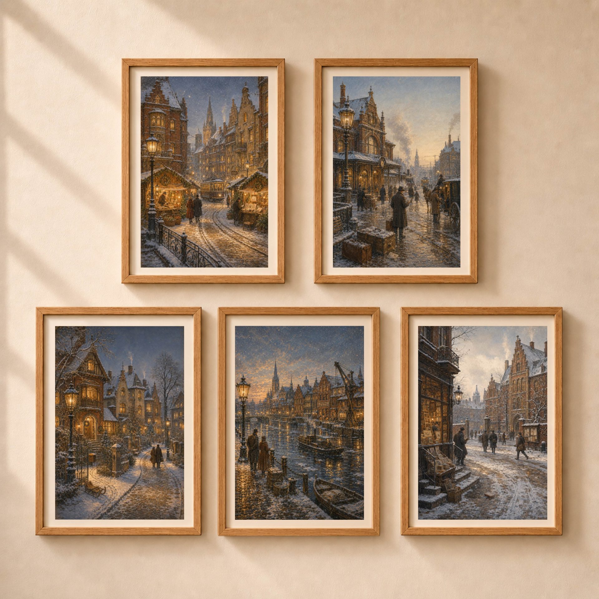 Königsberg Wall Art Printable Christmas Old Town Poster 9 Gallery wall of five framed Königsberg city illustrations featuring snowy historic streets, architecture, waterfront scenes and warm winter lights.