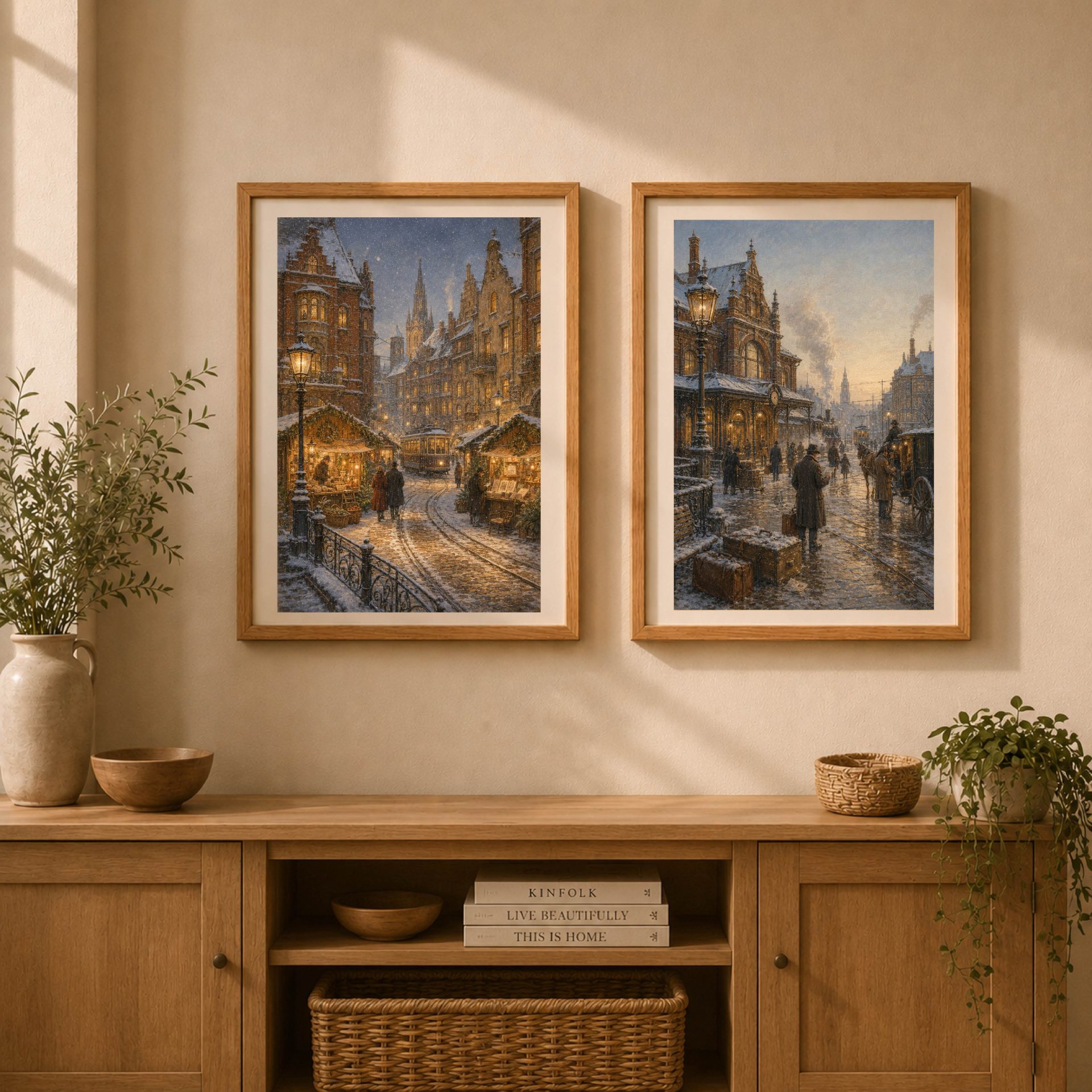Königsberg Wall Art Printable Christmas Old Town Poster 8 Two framed Königsberg winter city posters displayed side by side above a wooden console as coordinated Cities of Memory wall art.