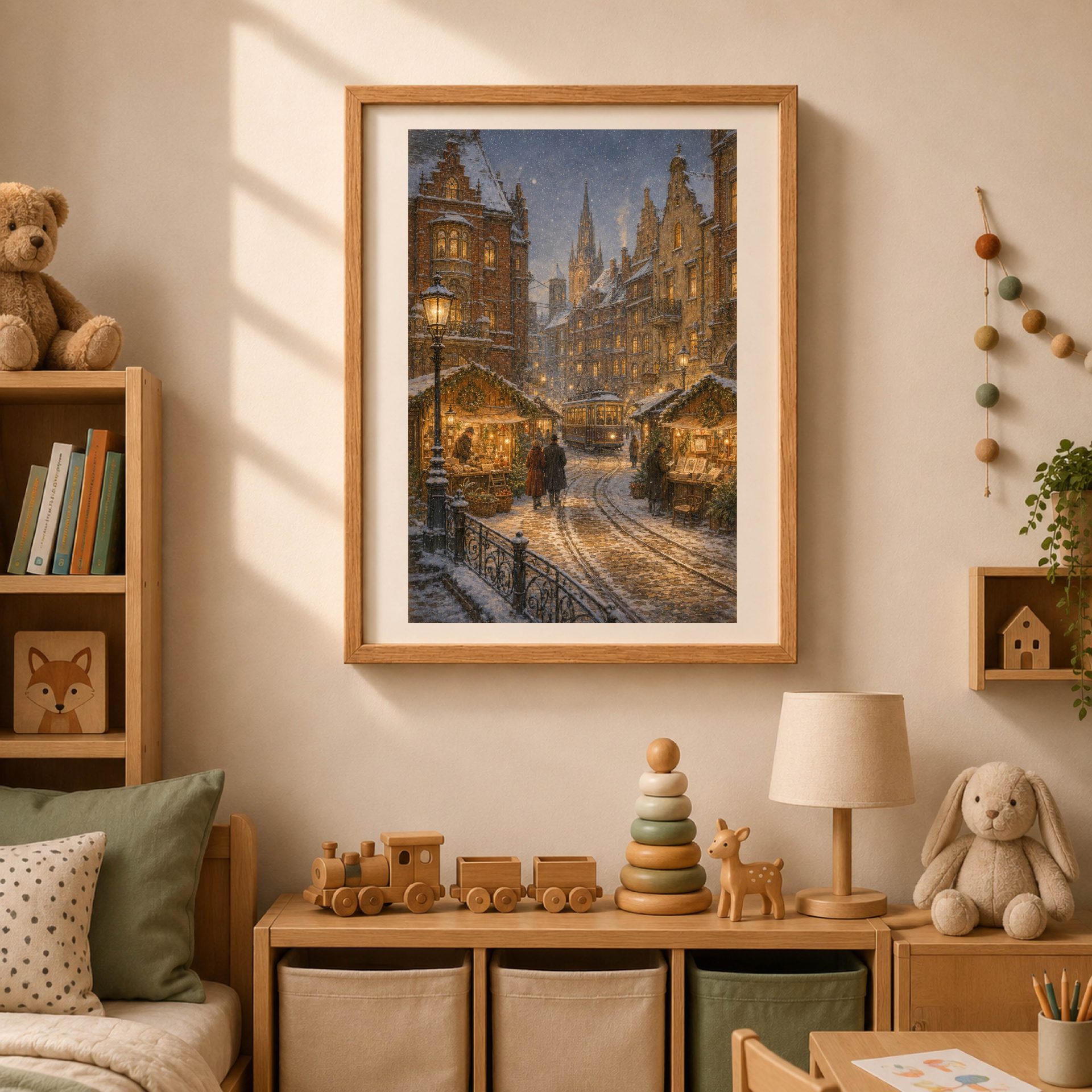 Königsberg Wall Art Printable Christmas Old Town Poster 4 Königsberg city poster framed in a cozy family room with wooden toys, soft furnishings and natural decor.