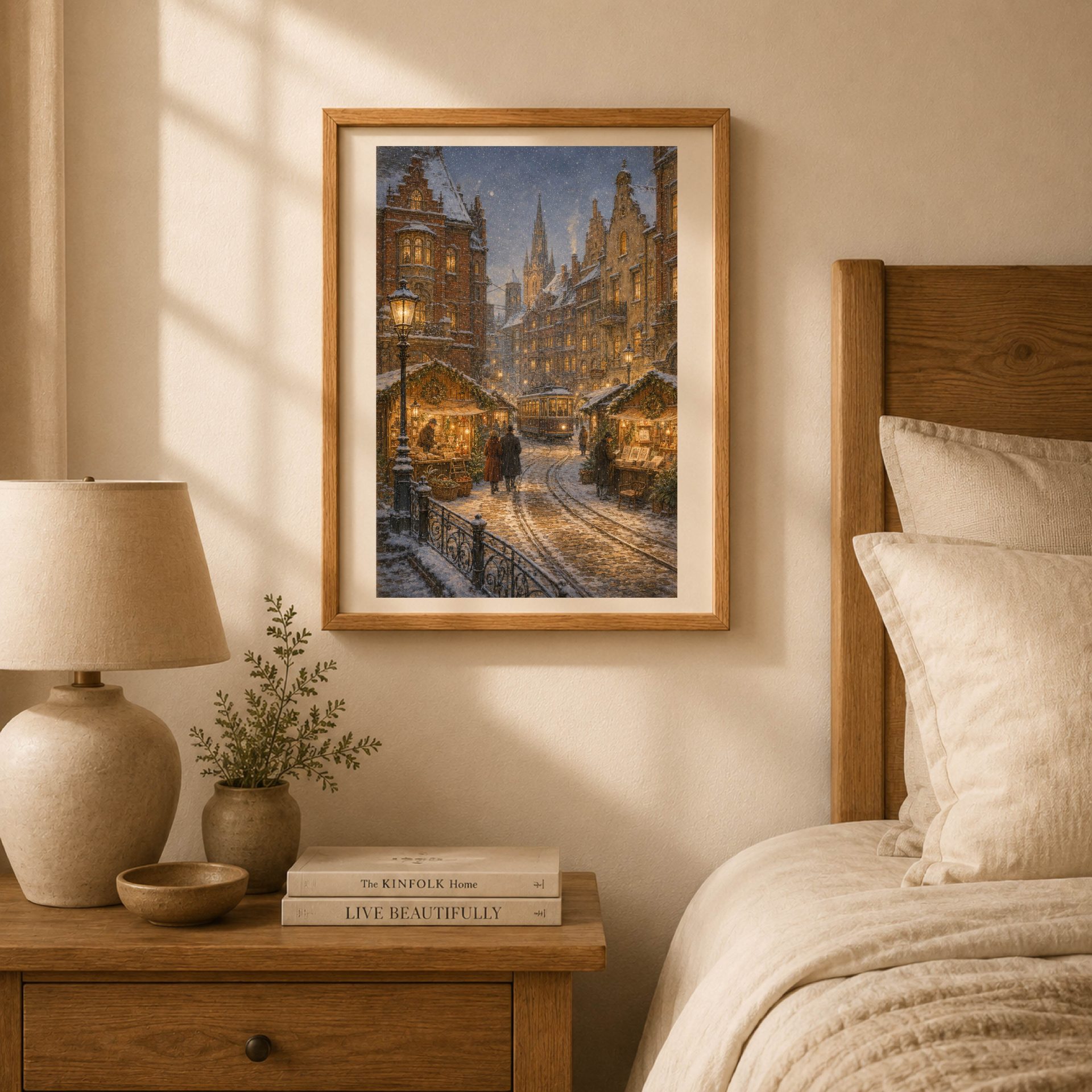 Königsberg Wall Art Printable Christmas Old Town Poster 3 Framed Königsberg old town poster above a bedside table beside a wooden bed, showing a snowy Christmas street and historic tram.