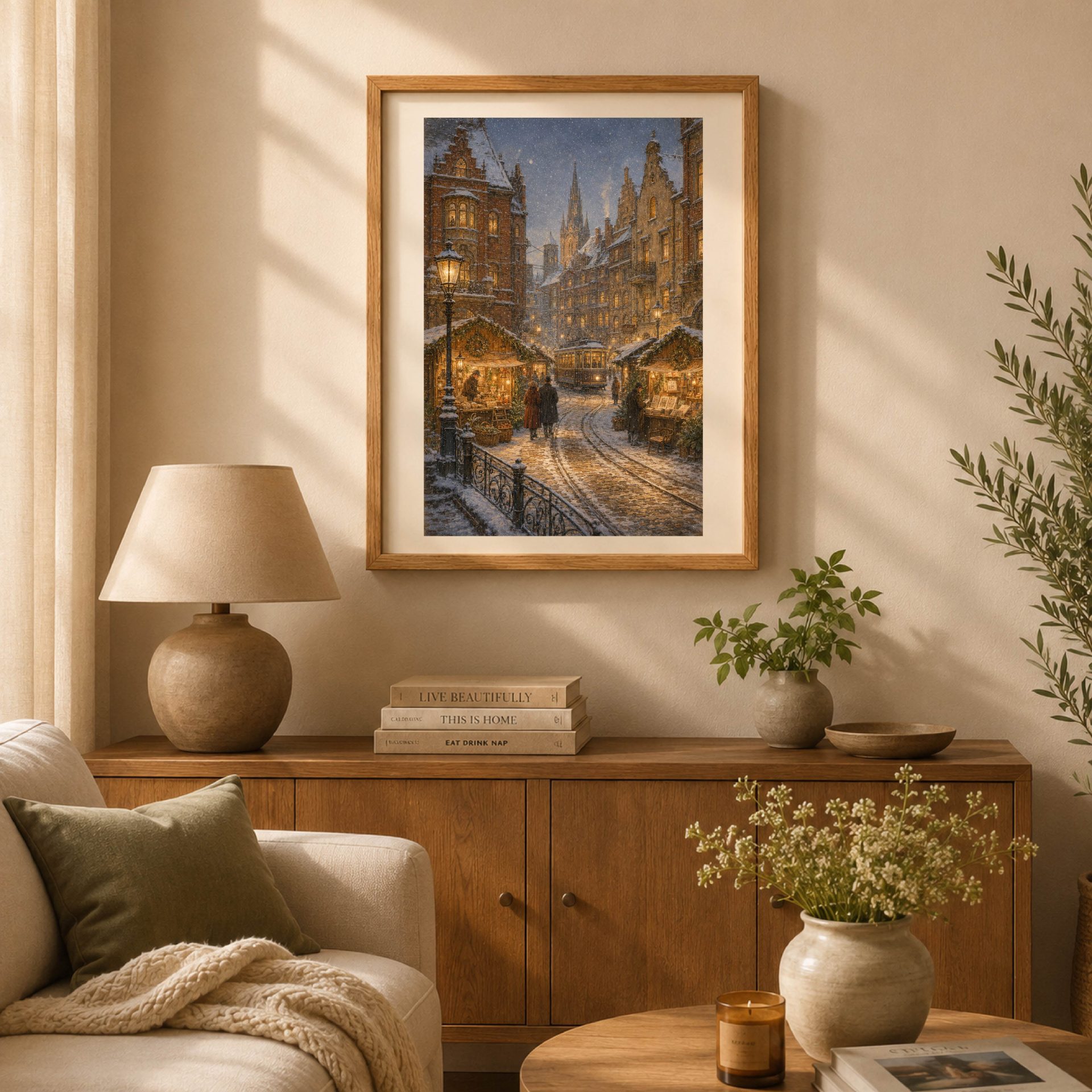 Königsberg Wall Art Printable Christmas Old Town Poster 2 Königsberg vintage city poster displayed above a wooden sideboard in a warm neutral living room with lamp, plants and natural decor.